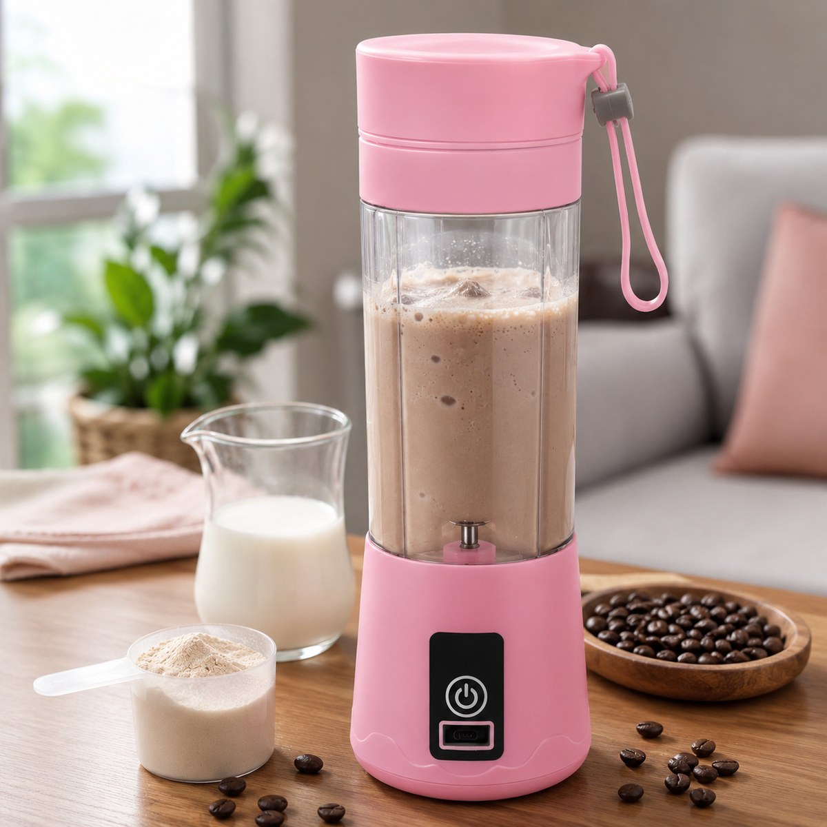Licuadora portátil rosa con café, leche y proteína