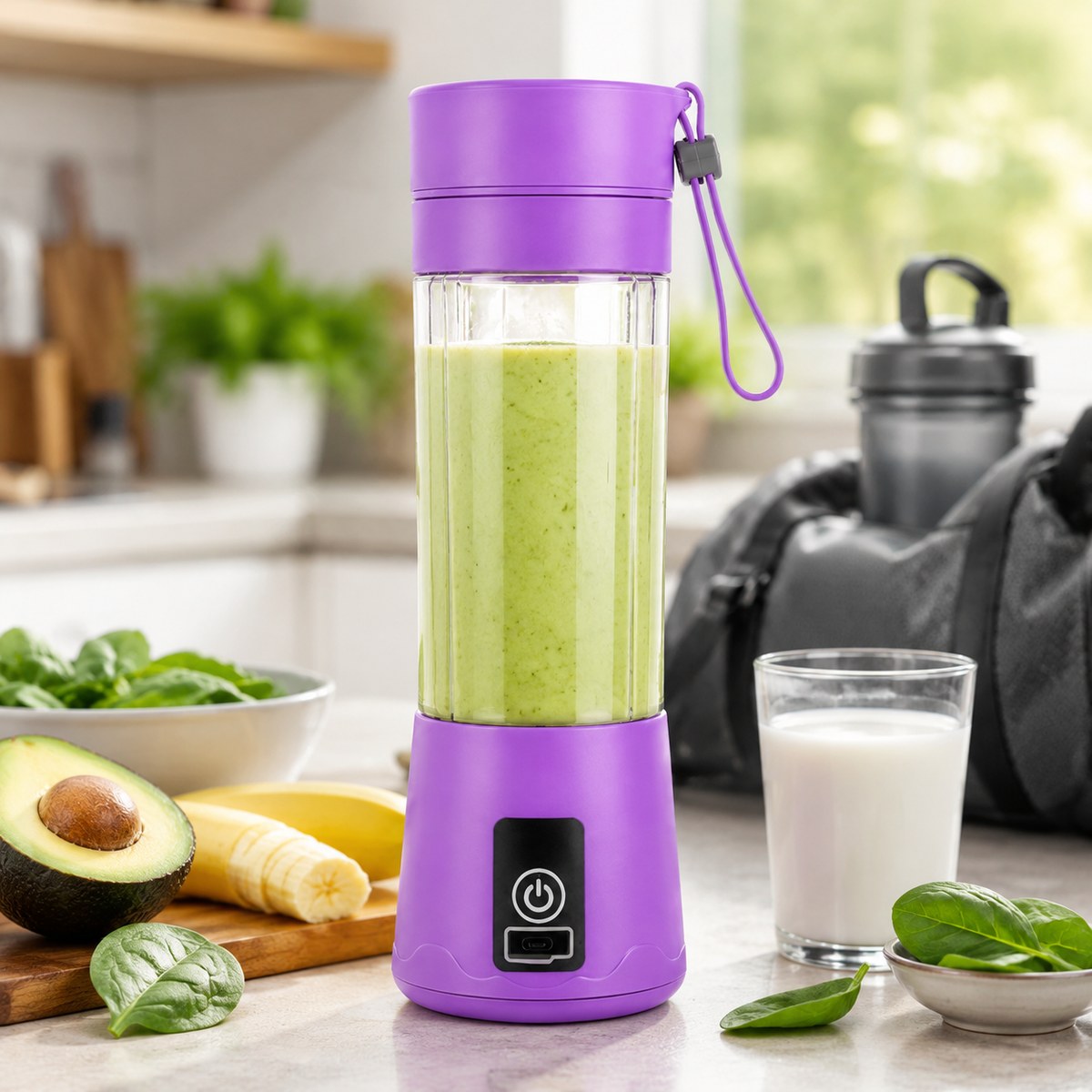 Licuadora portátil morada con smoothie verde