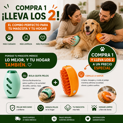 Combo Cuidado Total para Mascotas™  Cepillo a Vapor + Bola Quita Pelos