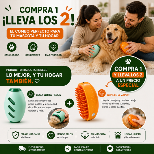 Combo Cuidado Total para Mascotas™  Cepillo a Vapor + Bola Quita Pelos