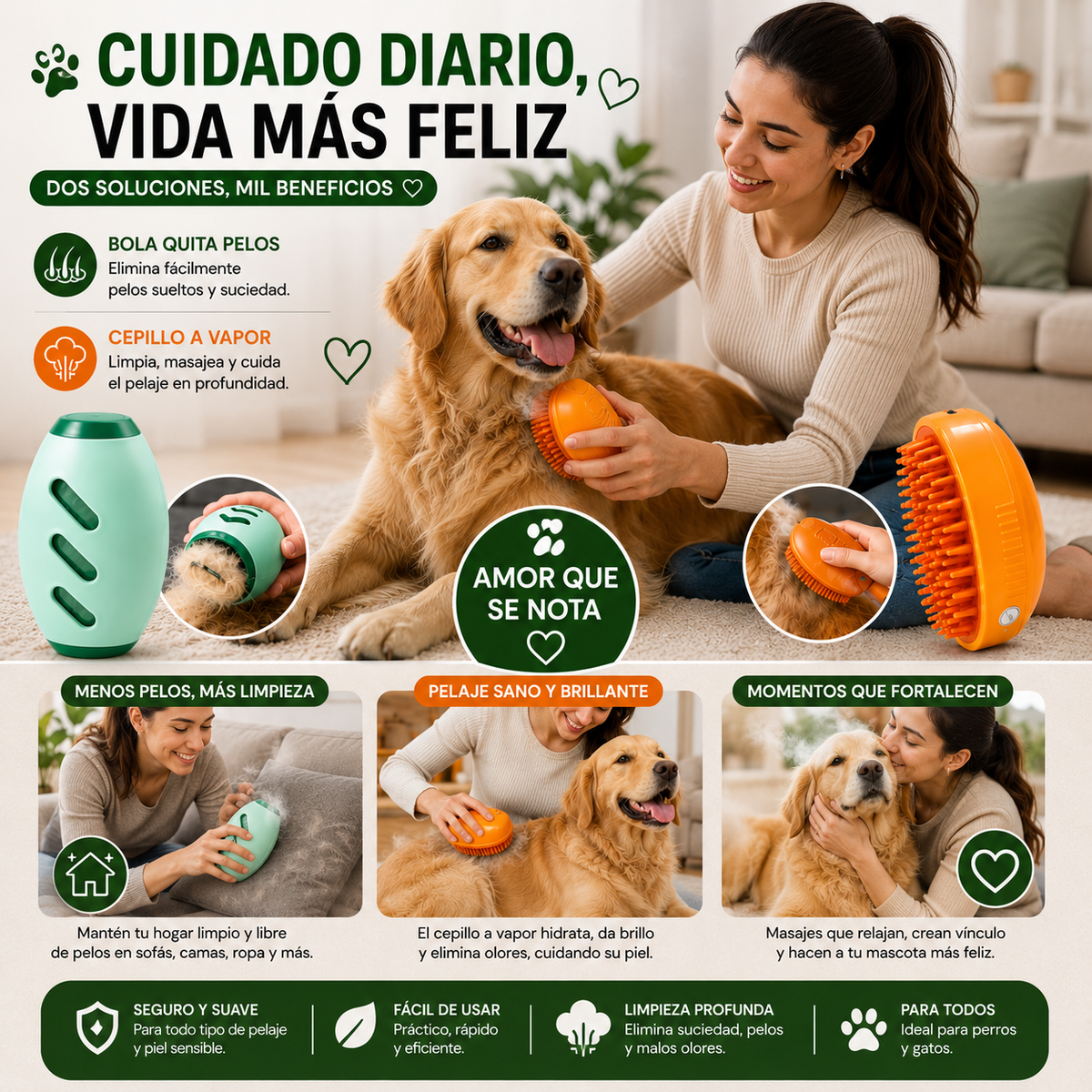 Combo Cuidado Total para Mascotas™  Cepillo a Vapor + Bola Quita Pelos