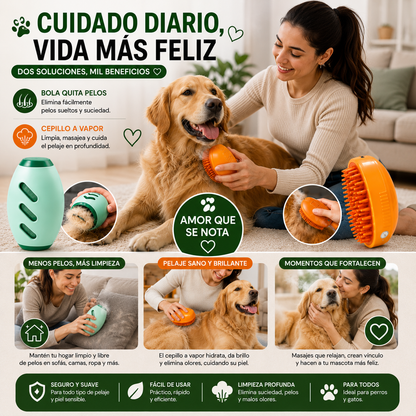 Combo Cuidado Total para Mascotas™  Cepillo a Vapor + Bola Quita Pelos