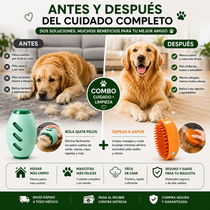 Combo Cuidado Total para Mascotas™  Cepillo a Vapor + Bola Quita Pelos