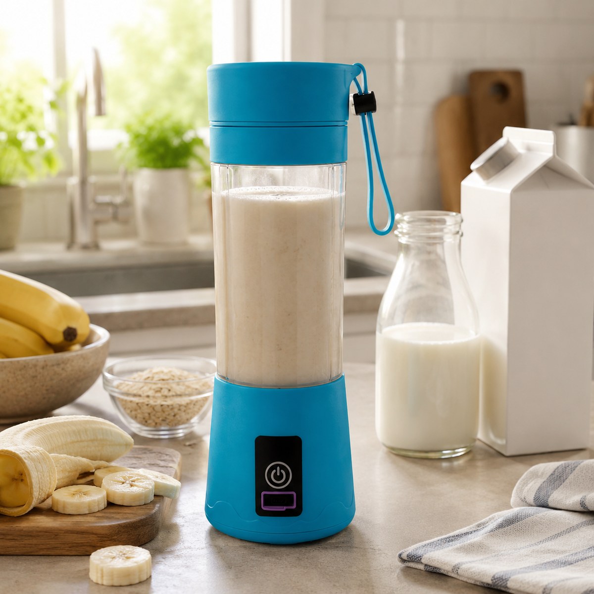 Licuadora portátil azul preparando un batido con leche, plátano y avena